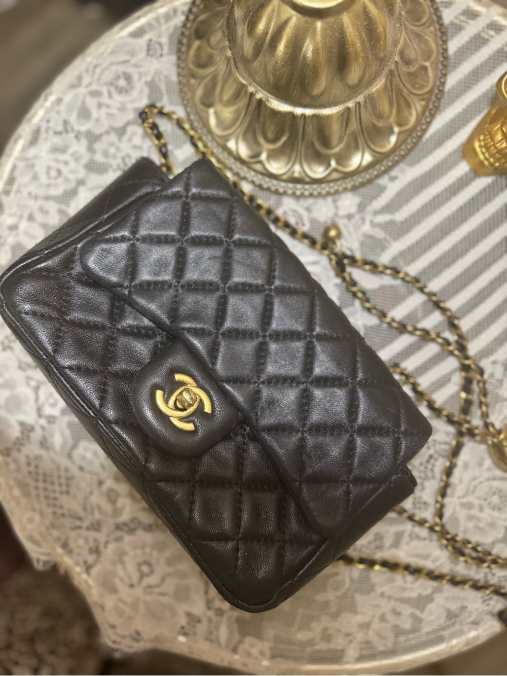 Mini Quilted Double Flap Crossbody Bag in Black with Gold Hardware